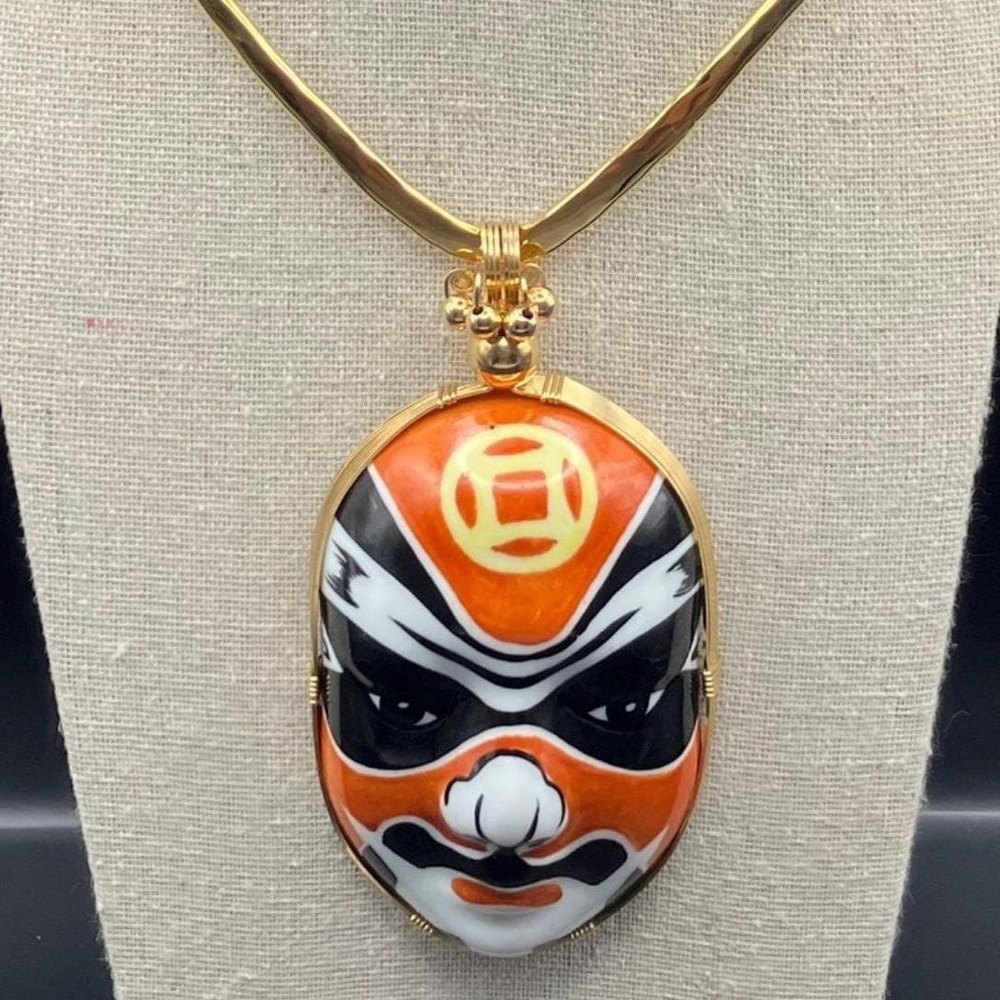 Chinese Opera Mask Necklace Porcelain Gold Tone Torc Collar Artist Signed
